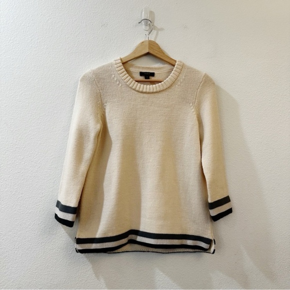 J.‎ Crew 100% Wool Sweater 3/4 Sleeve Stripe Trim XS Cream Gray Preppy Academia